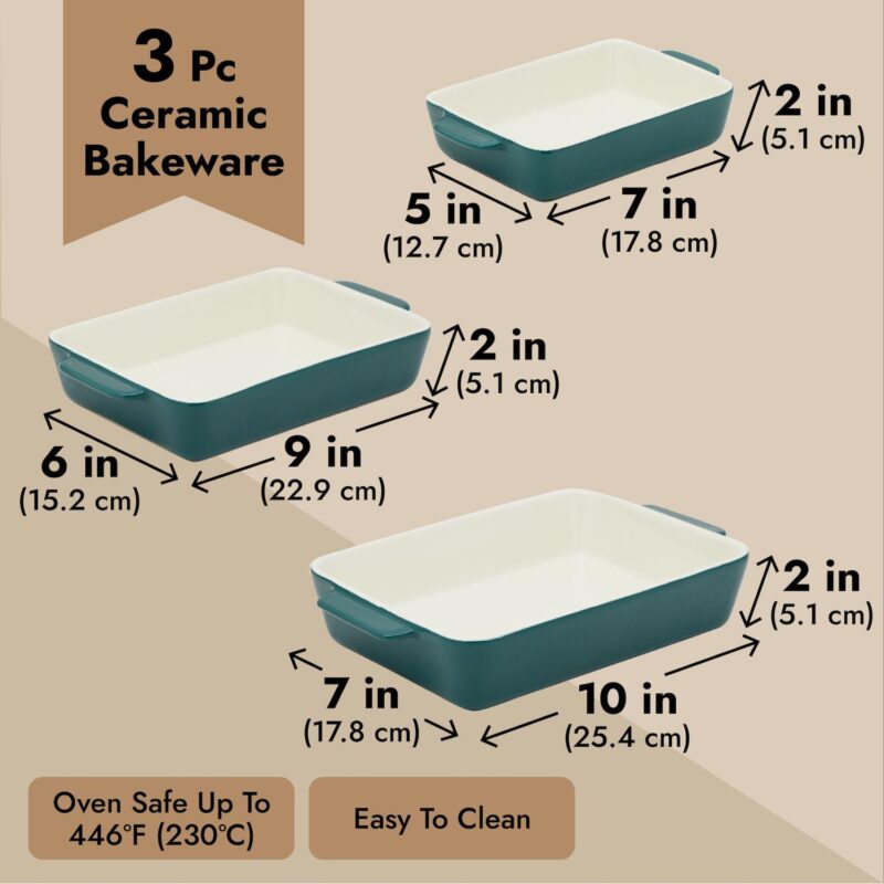 3 Pieces Ceramic Bakeware Set, Porcelain Casserole Dishes for Baking (Green, 3 Rectangular Sizes) - Image 4