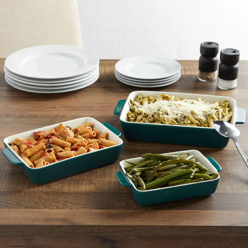 3 Pieces Ceramic Bakeware Set, Porcelain Casserole Dishes for Baking (Green, 3 Rectangular Sizes) - Image 3