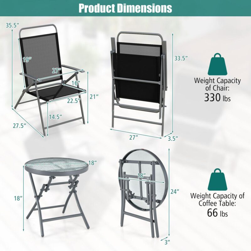 3 Pieces Patio Folding Chair Set Outdoor Metal Conversation Set - Image 3