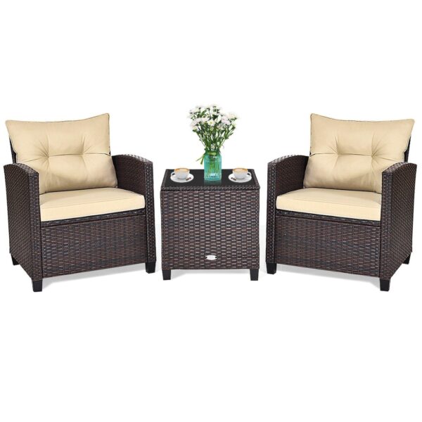 3 Pieces Rattan Patio Furniture Set With Washable Cushion