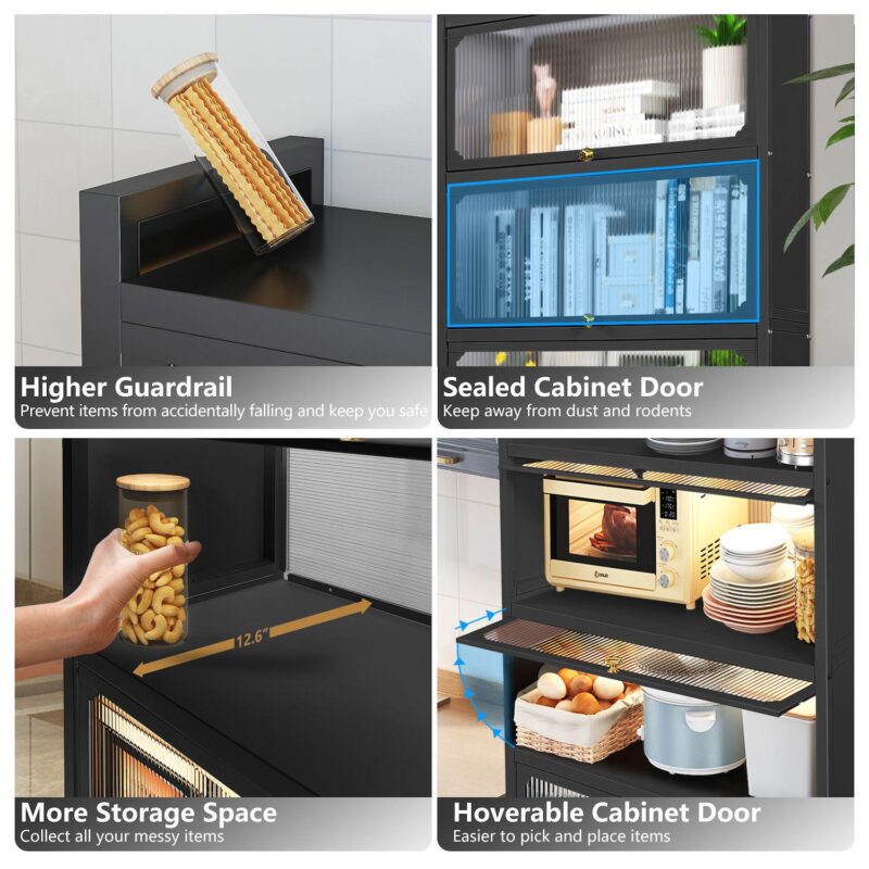 4 Door Accent Cabinet, 5 Tier Kitchen Organizer Shelf, Black - Image 4