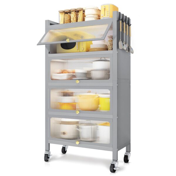 4 Door Accent Cabinet, 5 Tier Kitchen Organizer Shelf, Grey