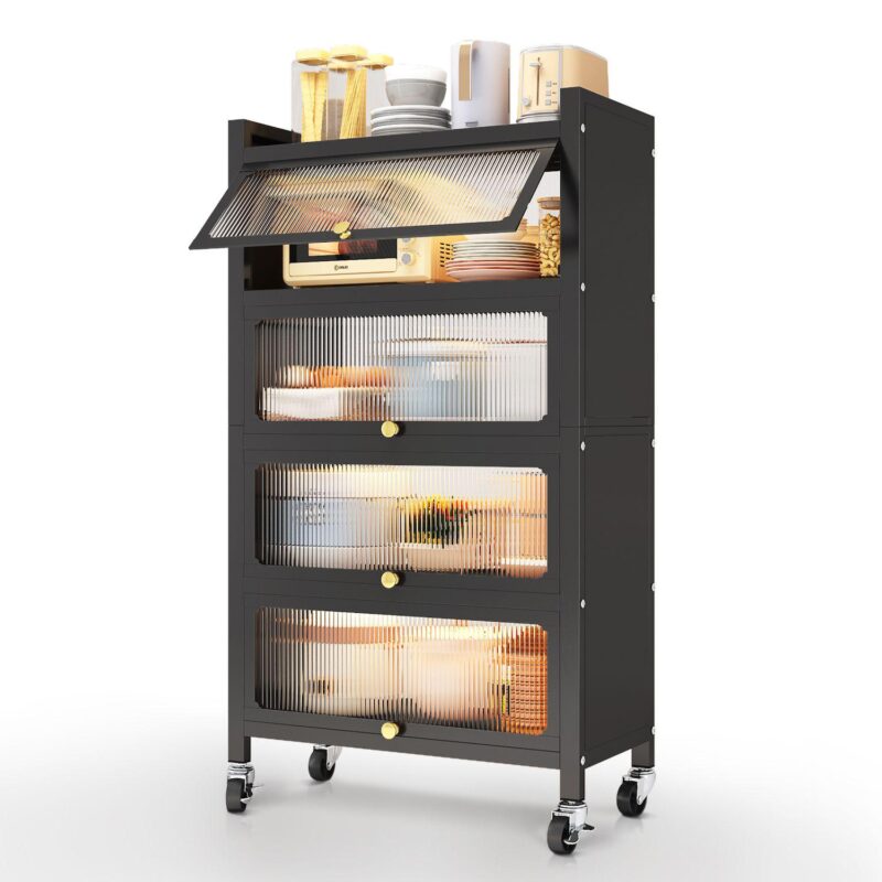 4 Door Accent Cabinet, 5 Tier Kitchen Organizer Shelf, Black