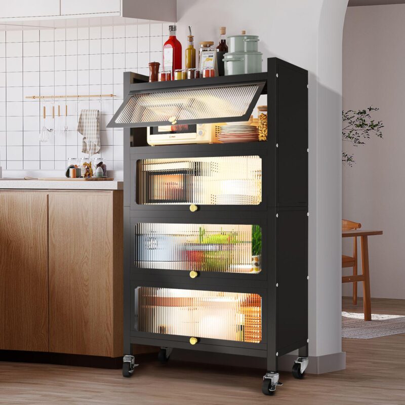 4 Door Accent Cabinet, 5 Tier Kitchen Organizer Shelf, Black - Image 3