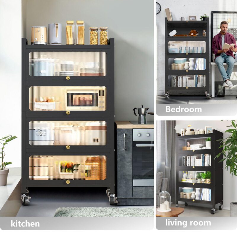 4 Door Accent Cabinet, 5 Tier Kitchen Organizer Shelf, Black - Image 5