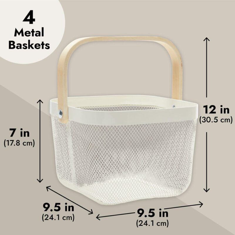 4 Pack Mesh Fruit Basket with Wooden Handles, Square, White, 9.5 x 9.5 x 7 In - Image 4