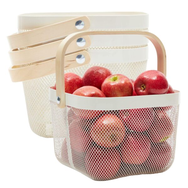 4 Pack Mesh Fruit Basket with Wooden Handles, Square, White, 9.5 x 9.5 x 7 In