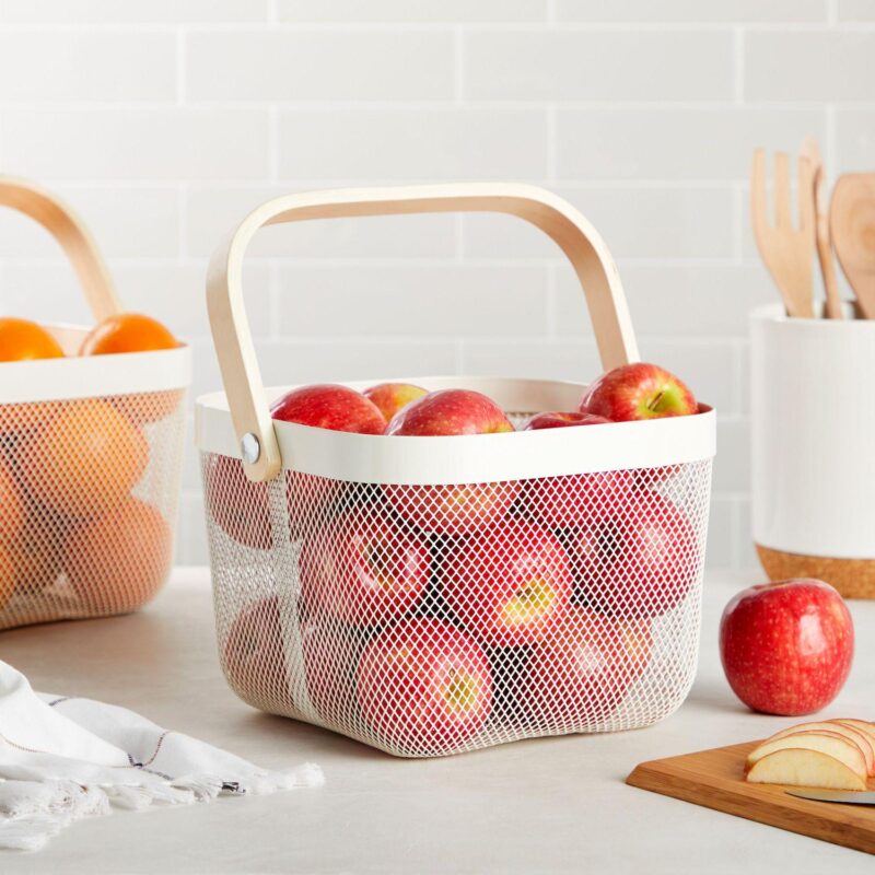 4 Pack Mesh Fruit Basket with Wooden Handles, Square, White, 9.5 x 9.5 x 7 In - Image 2