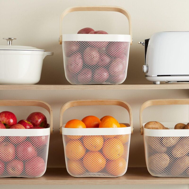 4 Pack Mesh Fruit Basket with Wooden Handles, Square, White, 9.5 x 9.5 x 7 In - Image 3