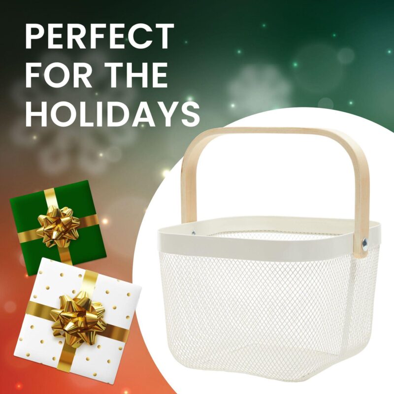 4 Pack Mesh Fruit Basket with Wooden Handles, Square, White, 9.5 x 9.5 x 7 In - Image 5