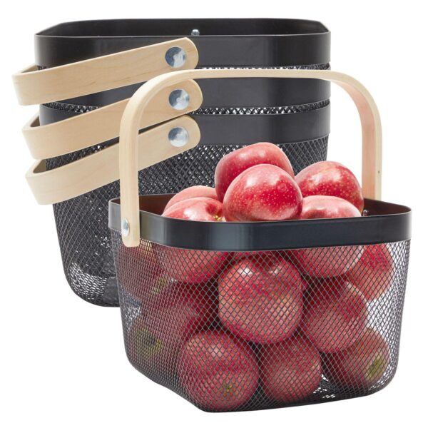 4 Pcs Mesh Fruit Basket with Wooden Handle for Kitchen Food Storage Organization