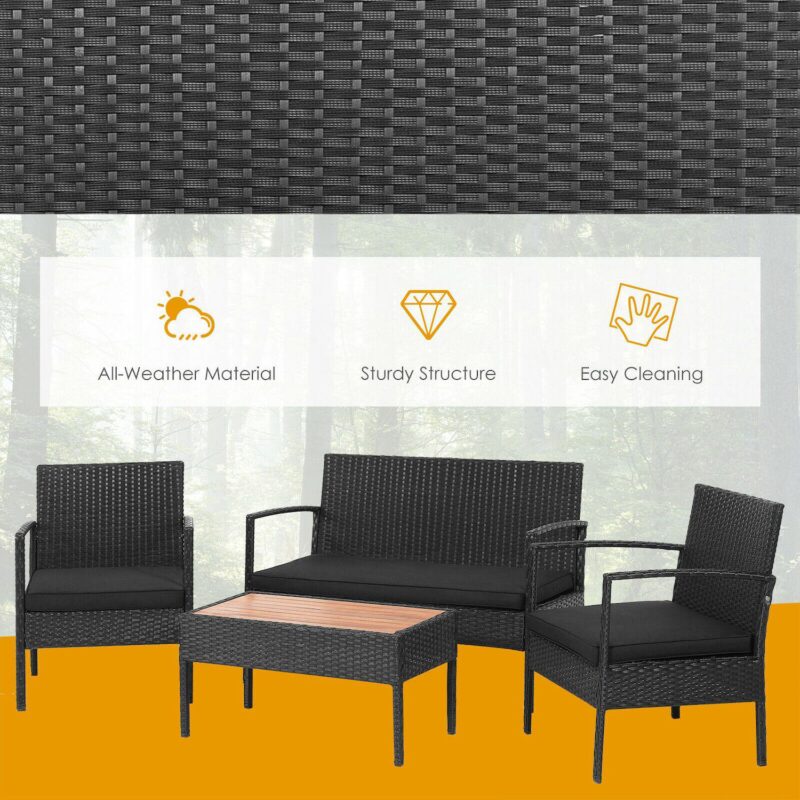 4 Pieces Patio Rattan Cushioned Furniture Set With Wooden Tabletop - Image 2