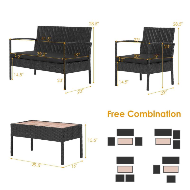 4 Pieces Patio Rattan Cushioned Furniture Set With Wooden Tabletop - Image 3