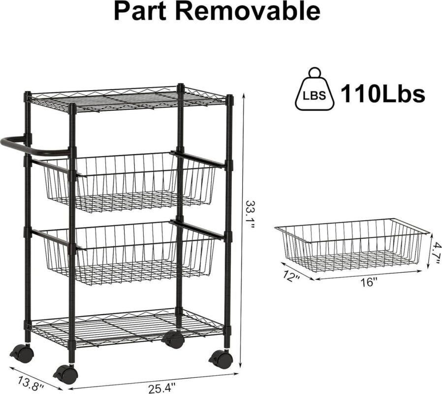 4 Tier Rolling Carts, Metal Wire Utility Cart for Restaurant, Kitchen Mobile Shelf Organizer - Image 2