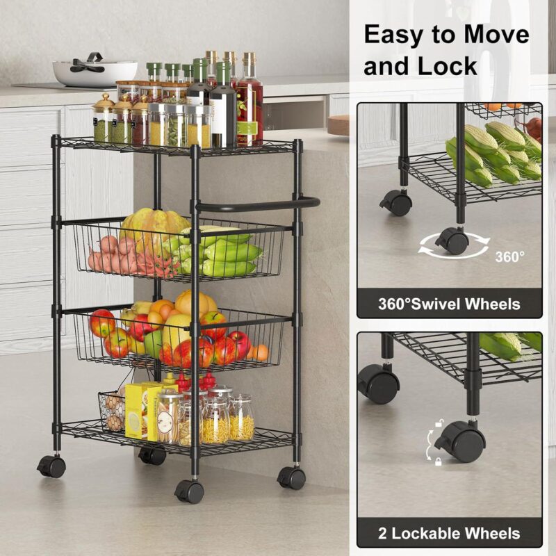 4 Tier Rolling Carts, Metal Wire Utility Cart for Restaurant, Kitchen Mobile Shelf Organizer - Image 3