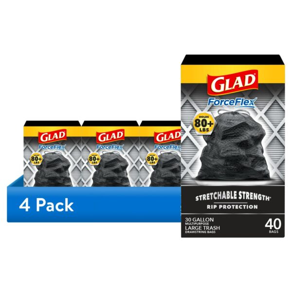 (4 pack) Glad ForceFlex 30 Gallon Large Trash Bags, Unscented, 40 Bags