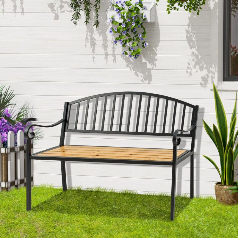 50  Antique Garden Bench Loveseat Wood Seat and Steel Frame For Yard, Lawn, Porch - Image 4
