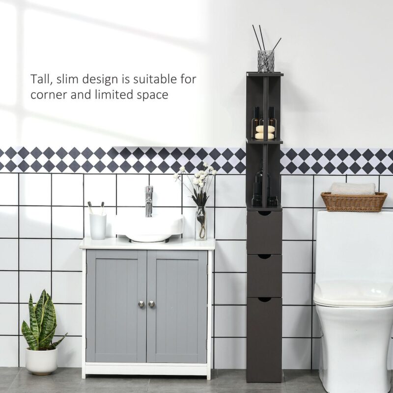 54  Tall Bathroom Linen 2-tier Cabinet Shelf Storage Cupboard W/ Drawers, Brown - Image 5
