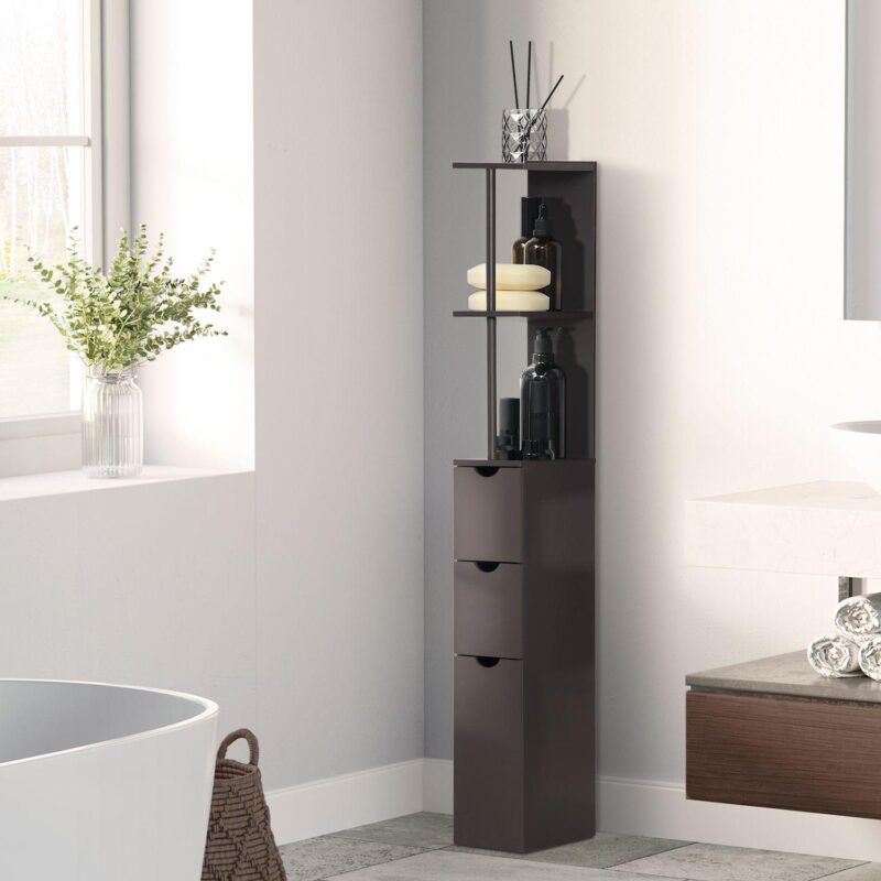 54  Tall Bathroom Linen 2-tier Cabinet Shelf Storage Cupboard W/ Drawers, Brown - Image 2