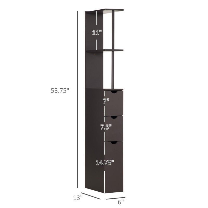 54  Tall Bathroom Linen 2-tier Cabinet Shelf Storage Cupboard W/ Drawers, Brown - Image 3