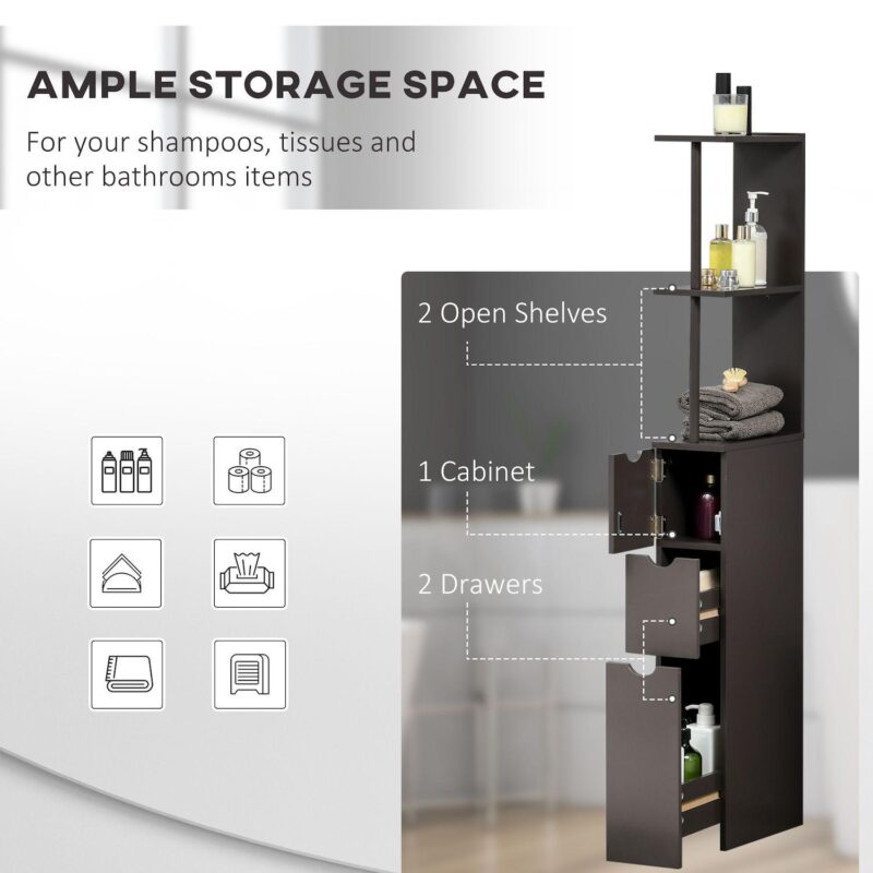 54  Tall Bathroom Linen 2-tier Cabinet Shelf Storage Cupboard W/ Drawers, Brown - Image 4