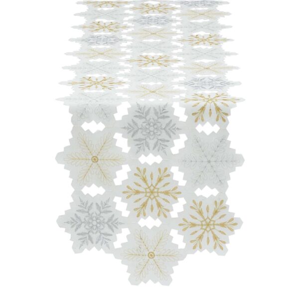 54  White and Gold Colored Embellished Snowflakes Table Runner