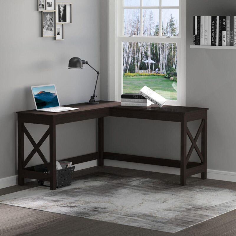 57  Home Office L Shaped Corner Writing Desk Table Workstation, Brown - Image 3