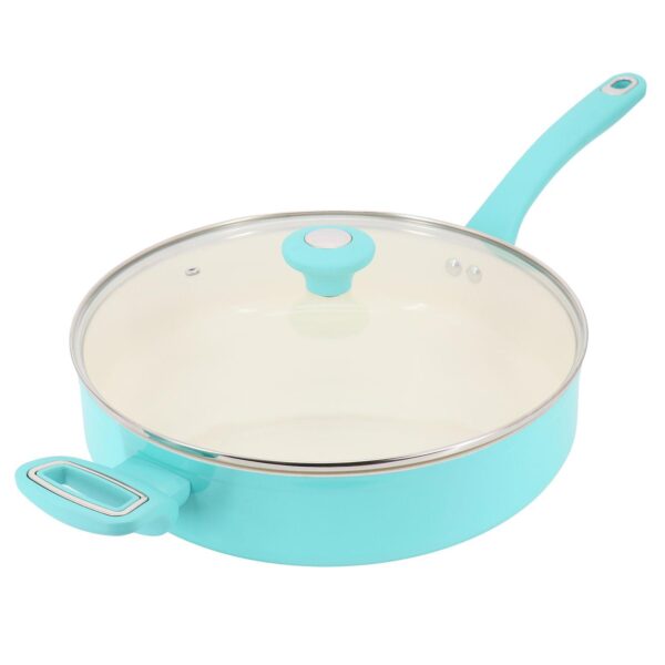 5 Quart Ceramic Nonstick Aluminum Saute Pan with Lid in Teal