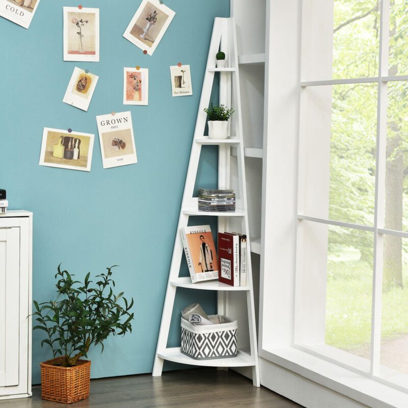 5-tier Modern Corner Bookcase With Sturdy Wooden Frame-white - Image 2