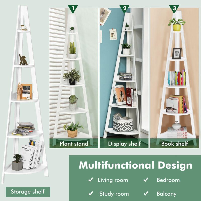 5-tier Modern Corner Bookcase With Sturdy Wooden Frame-white - Image 3