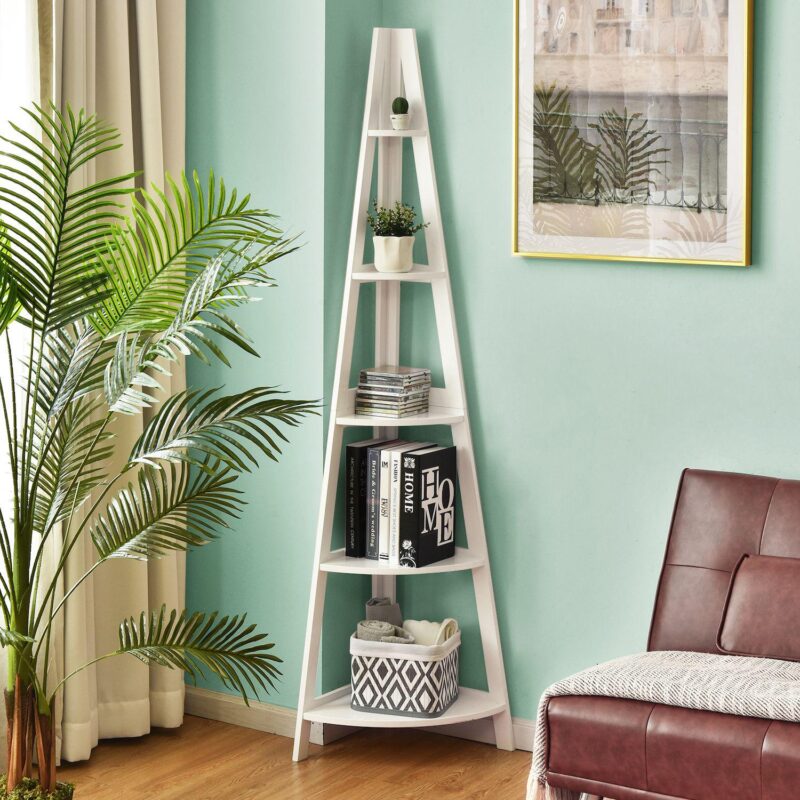 5-tier Modern Corner Bookcase With Sturdy Wooden Frame-white - Image 4