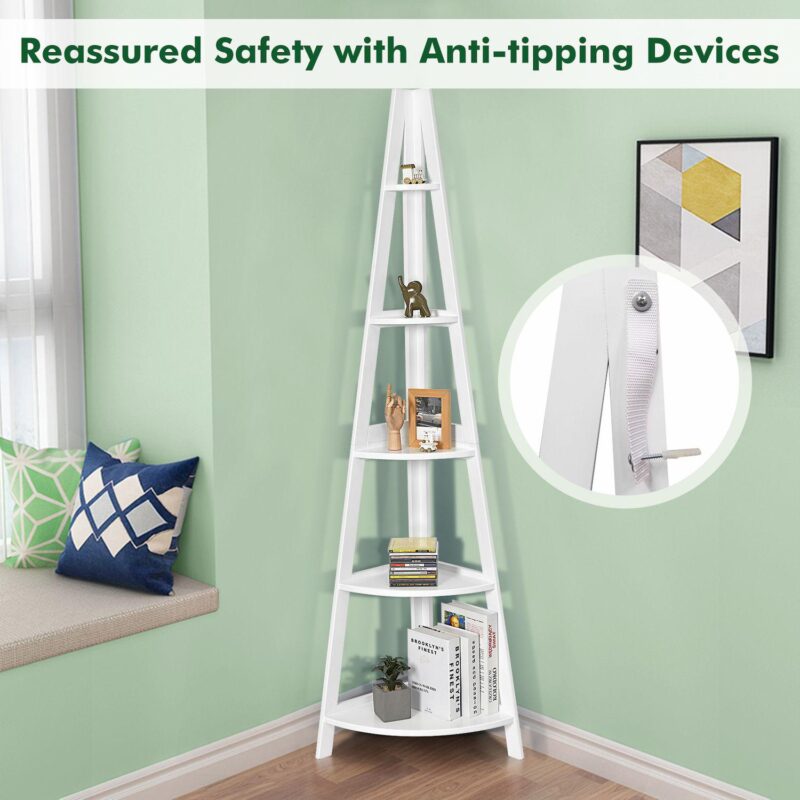 5-tier Modern Corner Bookcase With Sturdy Wooden Frame-white - Image 5