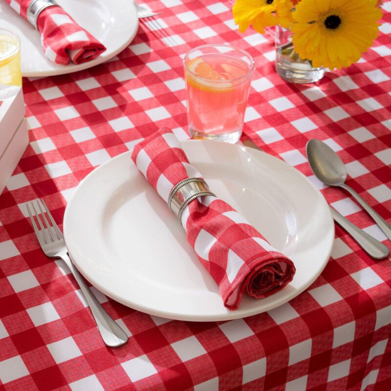 60  Red and White Plaid Round Outdoor Tablecloth - Image 2