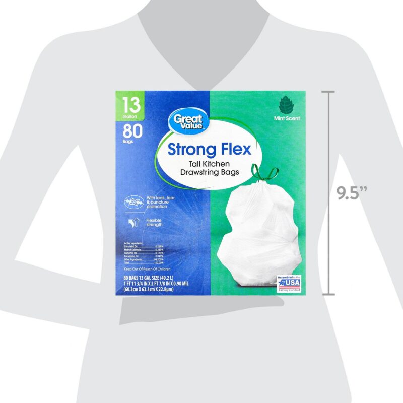 (6 pack) Great Value Strong Flex 13 Gallon Tall Kitchen Drawstring Bags, Mint Scent, 80 Count - Image 6