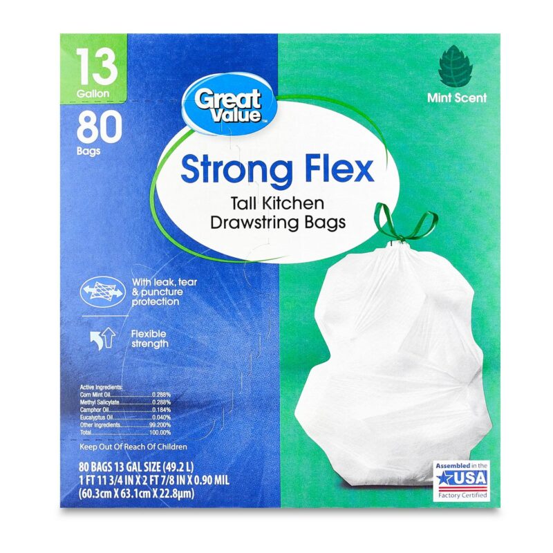 (6 pack) Great Value Strong Flex 13 Gallon Tall Kitchen Drawstring Bags, Mint Scent, 80 Count - Image 2
