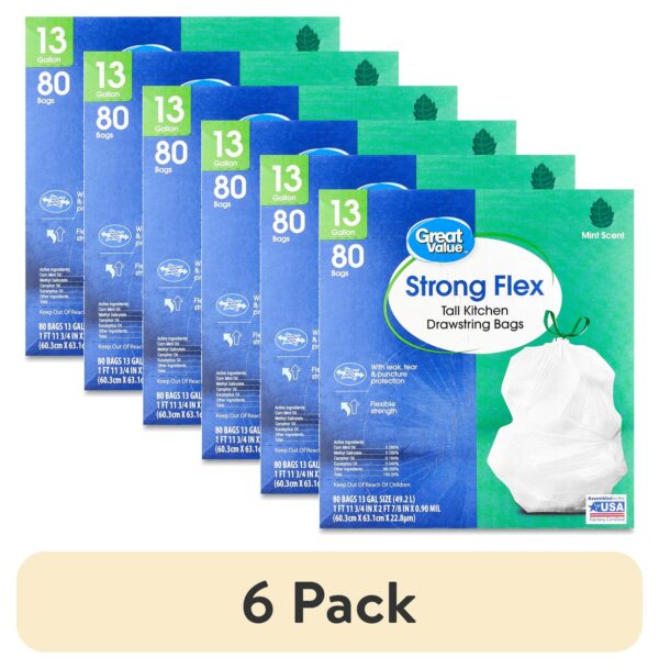 (6 pack) Great Value Strong Flex 13 Gallon Tall Kitchen Drawstring Bags, Mint Scent, 80 Count