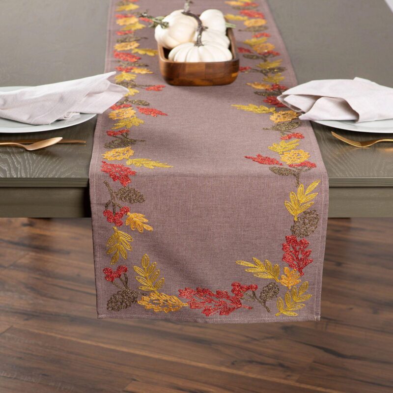 70  Brown and Red Shimmering Leaves Embellished Table Runner - Image 2