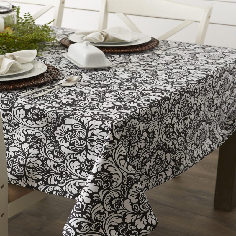 70  Charcoal Black and Gray Floral Damask Pattern Round Table Cloth - Image 4