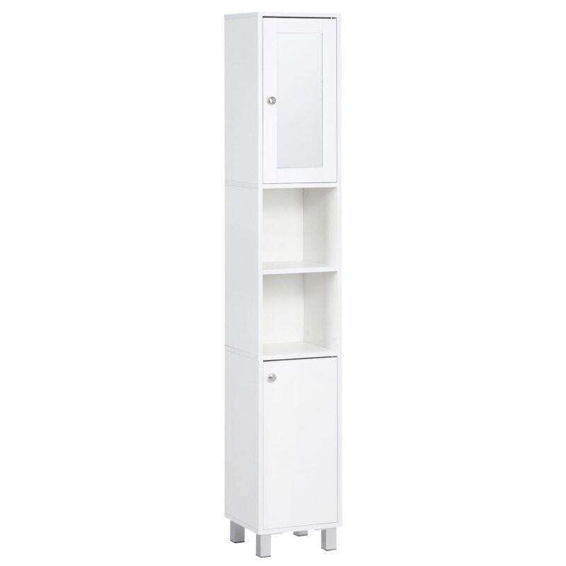 71  Wooden Tall Narrow Bathroom Floor Storage Towel Cabinet W/ Mirror, White