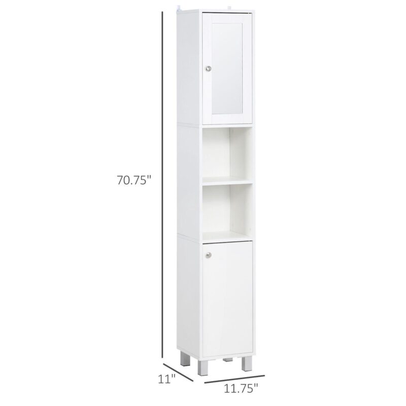 71  Wooden Tall Narrow Bathroom Floor Storage Towel Cabinet W/ Mirror, White - Image 4