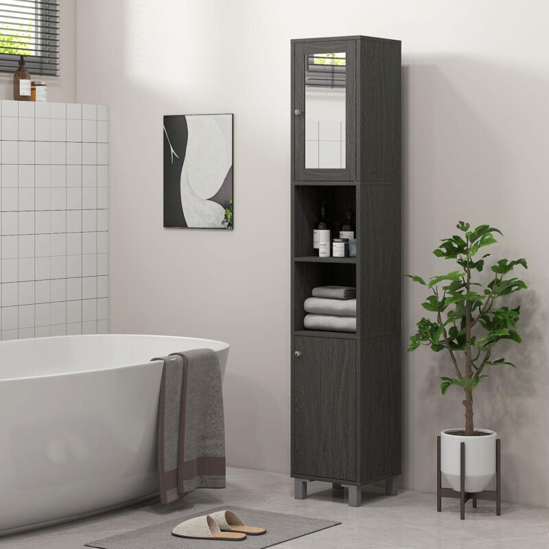 71  Wooden Tall Narrow Bathroom Floor Storage Towel Cabinet W/ Mirror, White - Image 3