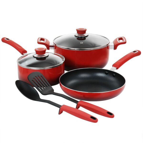 7 Piece Non Stick Aluminum Cookware Set in Red