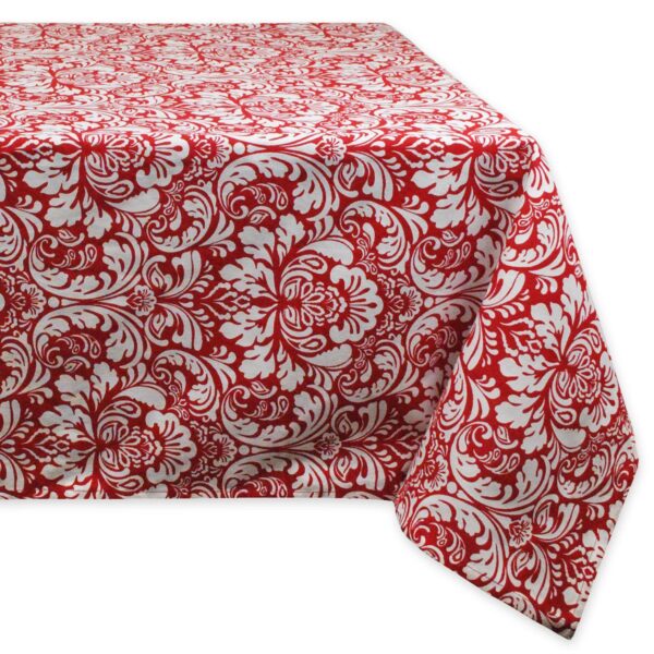 84  Tango Red and Snow White Floral Damask Pattern Round Table Cloth