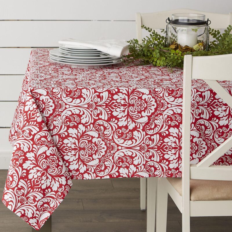 84  Tango Red and Snow White Floral Damask Pattern Round Table Cloth - Image 4