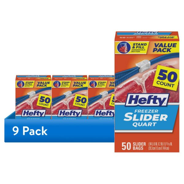 (9 pack) Hefty Slider Freezer Kitchen Storage Bags, Quart Size, 50 Count