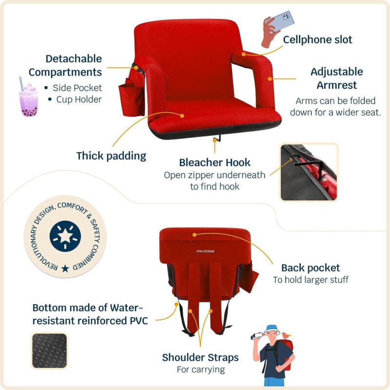 Alpcour Wide Reclining Stadium Seat - Waterproof Foldable Camping Chair with Extra Thick Padding and Wide Back Support - Image 3
