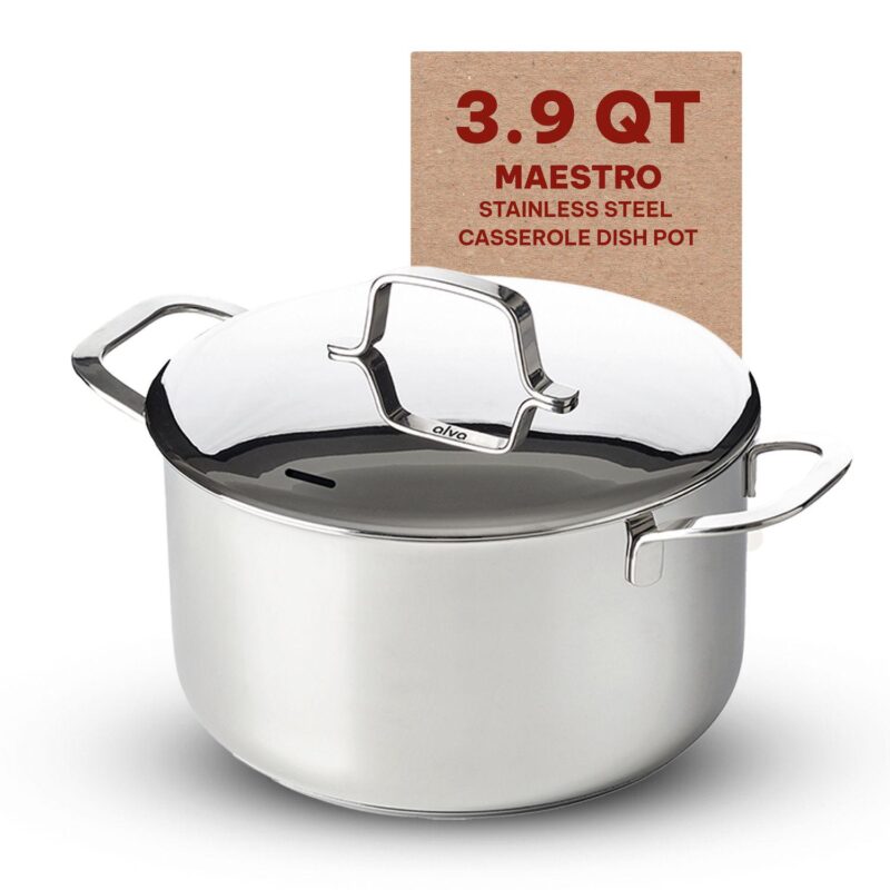 Alva Maestro Stainless Steel Casserole Dish Pot with Lid Non Toxic Soup and Stock Pot 124.8 Oz