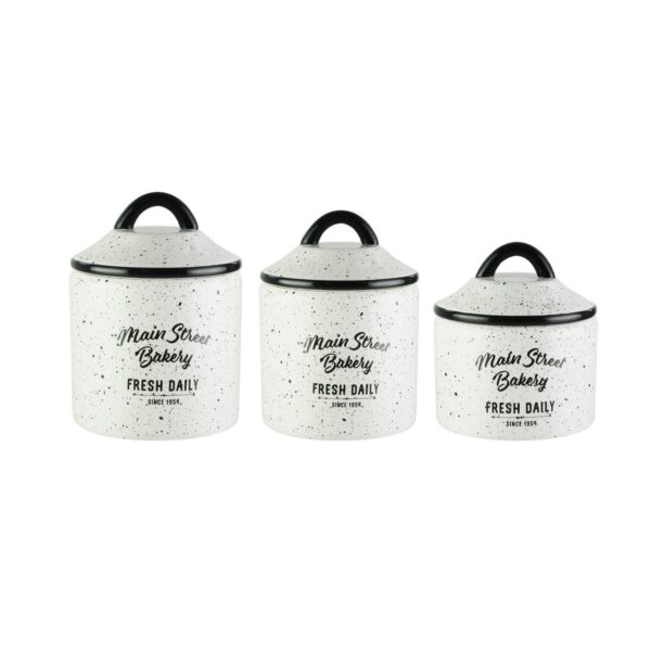 American Atelier, Round, White Ceramic Kitchen Canisters with Lids(Main Street Bakery), Set of 3