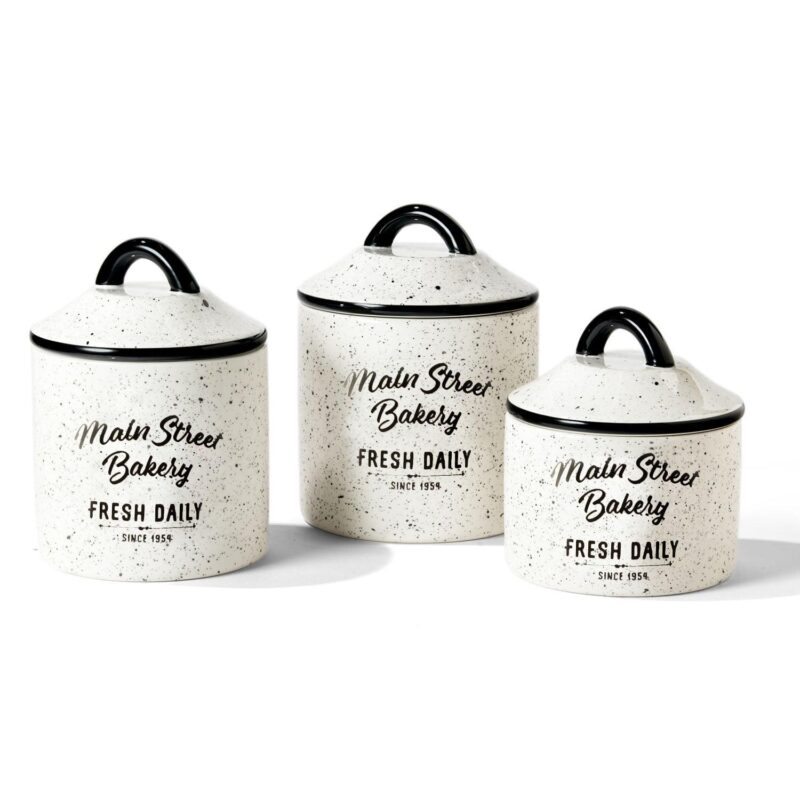American Atelier, Round, White Ceramic Kitchen Canisters with Lids(Main Street Bakery), Set of 3 - Image 5