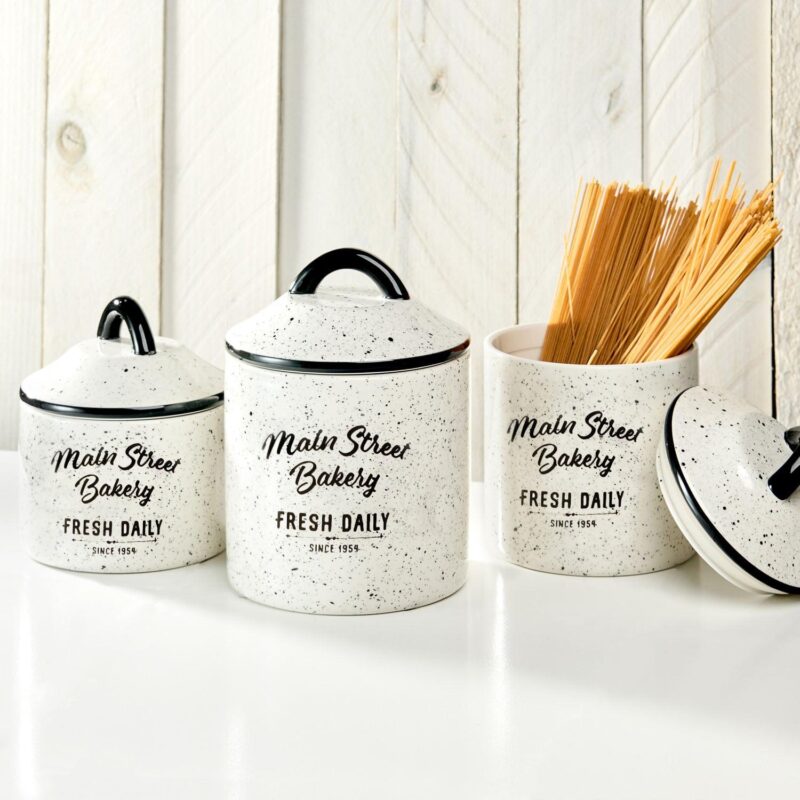 American Atelier, Round, White Ceramic Kitchen Canisters with Lids(Main Street Bakery), Set of 3 - Image 4